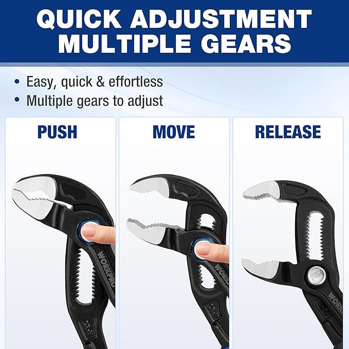 WORKPRO Groove Joint Pliers, 7" Water Pump Pliers, Upgraded 42mm Wide Opening, V-Jaw Tongue and Groove Plier for Home and Industrial Repair, CR-V, Dual Serrated, Quick Adjustable