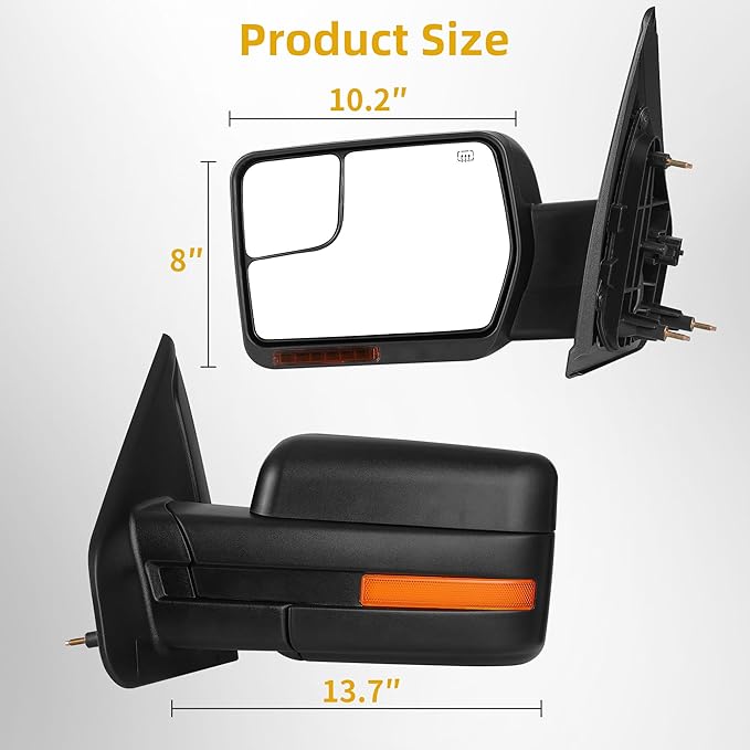 DWVO Tow Mirrors Compatible with 07-14 Ford F150 Power Heated Towing Mirror with Dual Turn Signal Light Puddle Light Black