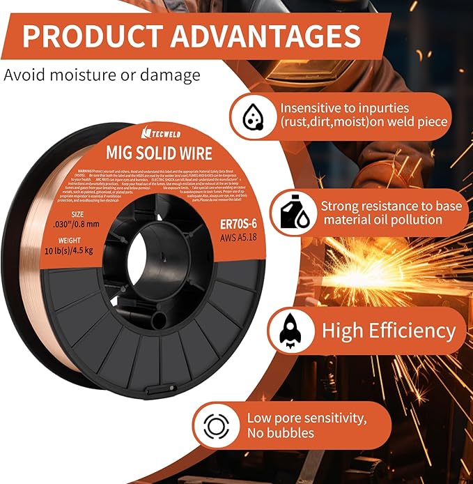 Solid MIG Welding Wire ER70S-6 0.30 Inch 10LB Spool - Low Spatter Carbon Steel Gas Shielded Wire with High Feedability ABS Spool for All Position Welding