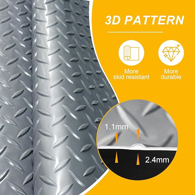 7.5x20 FT Garage Floor Mat, Flooring Roll with 20Pcs Tapes, 150 sqft Diamond Plate PVC Rubber Trailer Mat, Non-Slip Floor Mat for Garage, Warehouse, Gyms, Trailer, Pickup Truck (Grey)