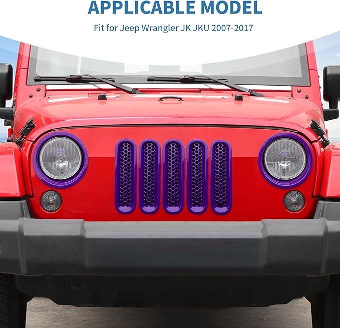 for Jeep JK Front Grille Inserts & Headlight Cover Trim Ring for Jeep Wrangler JK JKU 2007-2017 Purple Exterior Accessories 9pcs