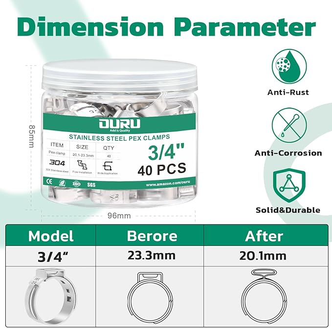40PCS 3/4 Pex Crimp Ring,304 Stainless Steel Pex Cinch Clamps,Single Ear Hose Clamps for Pex Fittings Pipe Tubing