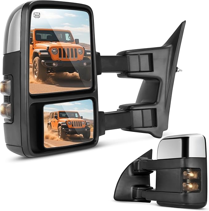 DWVO Towing Mirrors Compatible with 99-07 Ford F250 F350 F450 F550 Super Duty, LED Turn Signal Power Heated Telescoping Trailer Tow Mirror A Pair, Chrome
