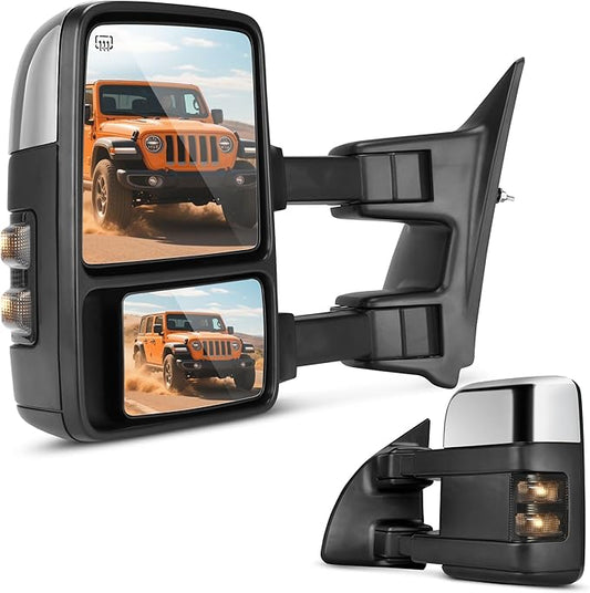 DWVO Towing Mirrors Compatible with 99-07 Ford F250 F350 F450 F550 Super Duty, LED Turn Signal Power Heated Telescoping Trailer Tow Mirror A Pair, Chrome