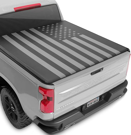American Flag Truck Tonneau Cover for Chevy Silverado 1500 / GMC Sierra 1500 (2014-2018) with 6.6 ft Bed Length, Soft Roll-Up All-Weather Retractable Truck Bed Cover Black/Gray Flag