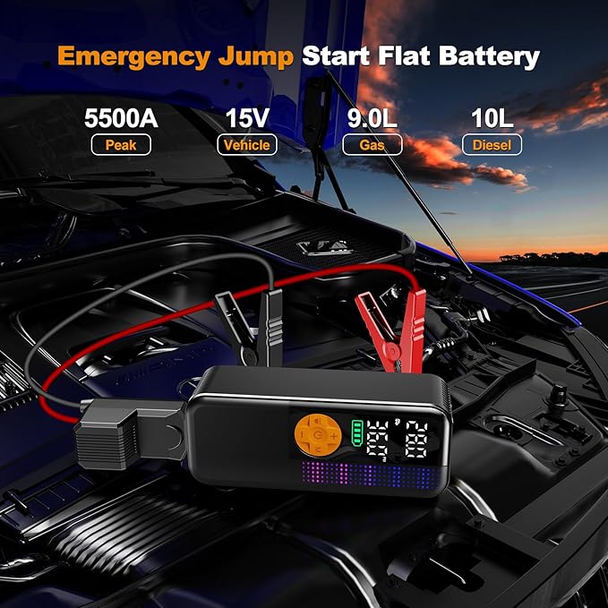 Jump Starter with Air Compressor,5500A Portable Car Battery Booster(All Gas & 10L Diesel) with 150PSI Cordless Auto Tire Inflator,15V Portable Car Battery Jump Starter Box with LCD Display LED Light