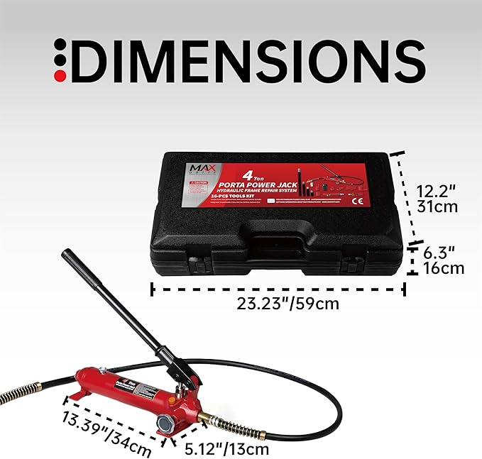 4 Ton (8800 lbs Capacity) Porta Power Jack Hydraulic Ram Auto Body Frame Collision Repair Kit Set, 16-Pcs, with Blow Mold Carrying Case for Cars, Trucks, SUVs & More