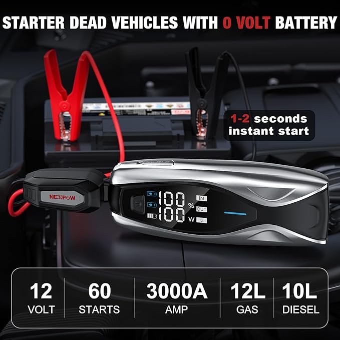 NEXPOW X7 3000A Jump Starter with PD 60W Dual-Way Faster Charging, Car Battery Jump Starter for 12L Gas/10L Diesel Engines, 12V Portable Jump Start Battery Pack with 3.2″ HD Display, IP63 Waterproof