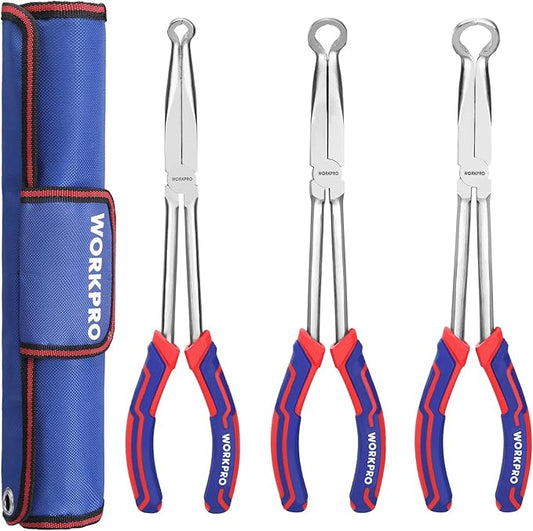 WORKPRO 3 PCS 11" Hose Gripper Plier Set, Long Reach Hose Gripping Pliers, 5/16-Inch, 1/2-Inch, 3/4-Inch Dia, Spark Plug Boot Removal Pliers, Serrated Jaws for Hard to Reach Narrow Spaces