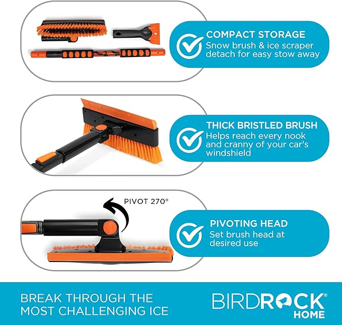 BIRDROCK HOME 60" Extendable Car Snow Brush and Ice Scraper | Lightweight Aluminum Snow Clearing Tool w/Detachable Ice Scraper w/Ergonomic Grip Design | 13" Foam & Bristle Head for Truck Car SUV RV