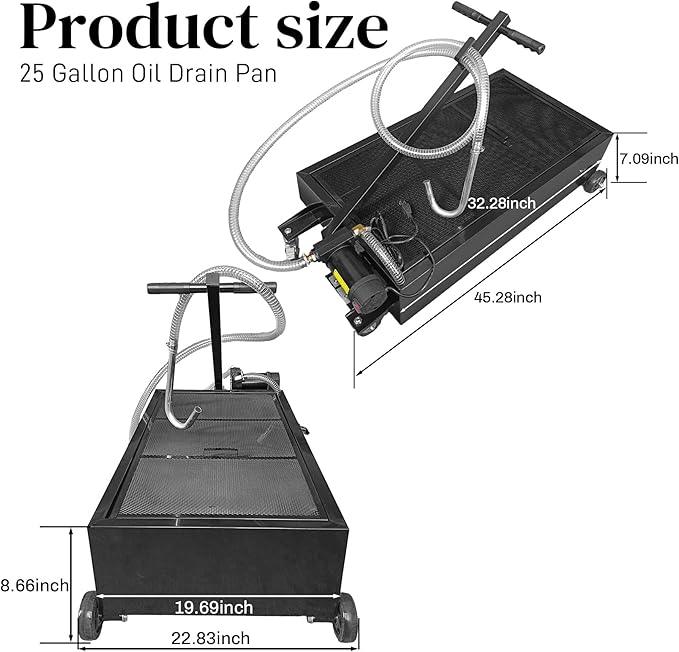 25 Gallon Oil Drain Pan with Electric Pump, Low-Profile Oil Pans for Changing Oil, T-Handle and J-Hook Makes Drain Easier, Black