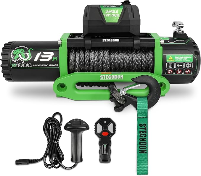 Winch 13000lb Electric Winch 12V Winch with Synthetic Rope Car Trailer Winch with Green Hawse Fairlead Wireless Remote and Wired Handle for Truck SUV Jeep