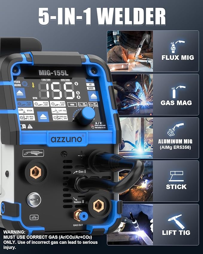 AZZUNO Aluminum MIG Welder 155A, 110V/220V Dual Vlotage 5 in 1 Gas MAG/Aluminum MIG/Gasless Flux Core MIG Welder/Stick/Lift TIG Welding Machine, Multiprocess Wire Feed Welder Machine