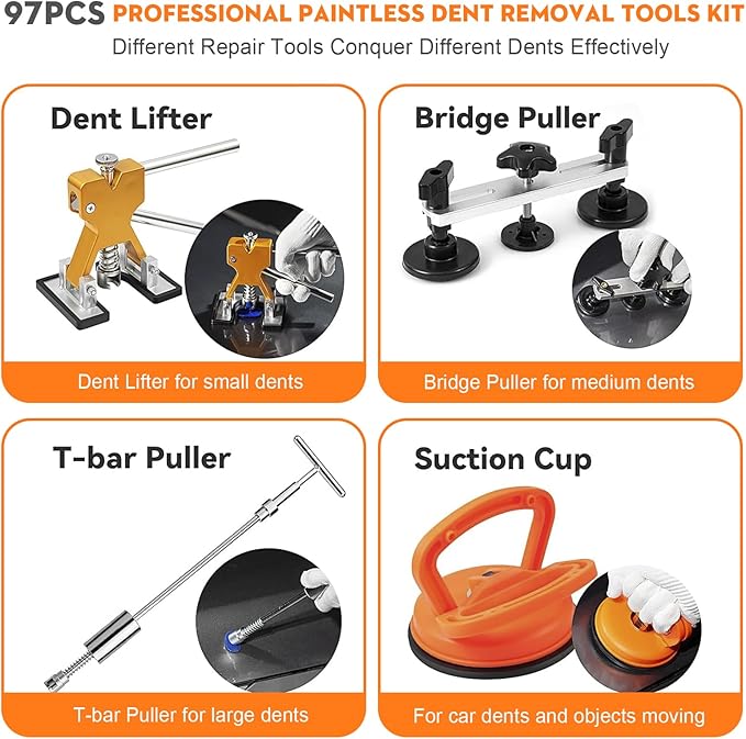 97pcs Dent Puller Kit, Paintless Dent Removal Kit for Dent Removal, Car Dent Puller with Golden Lifter, Bridge Puller, Slide Hammer T-Bar, Dent Remover Tool for Car Refrigerator Door Ding Repair