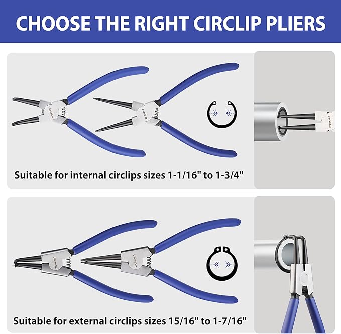 WORKPRO 4-Piece Snap Ring Pliers Set, 7-Inch Internal and External Circlip Pliers Kit with Straight and Bent Jaw, For Ring Remover Retaining, Storage Pouch Included, Father's Day Gifts