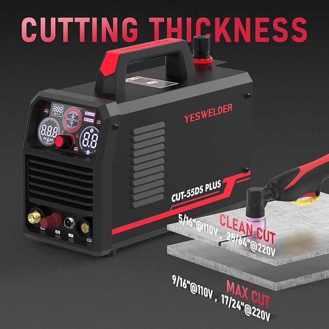 YESWELDER CUT-55DS PLUS Plasma Cutter, 55Amp Non-Touch Pilot Arc Air Power, 2-In-1 Plate Cutting/Grid Cutting Large Digital Display 110/220V Dual Voltage IGBT Inverter Plasma Cutting Machine