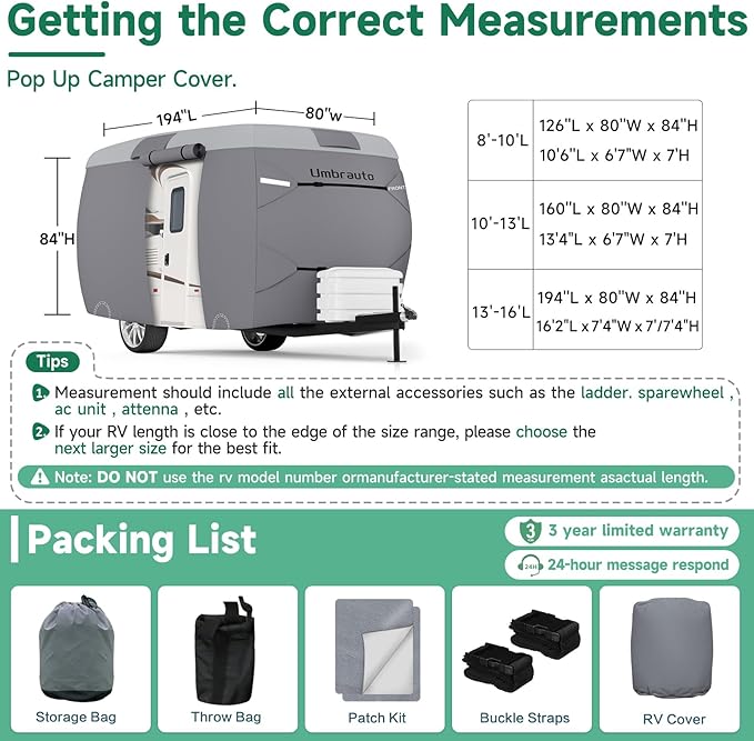 Umbrauto Fiberglass Travel Trailer Cover Fits 8'-10' Trailers, 2023 Upgraded 7 Layers Top Camper RV Cover with Windproof Strap,Adhesive Repair Patches