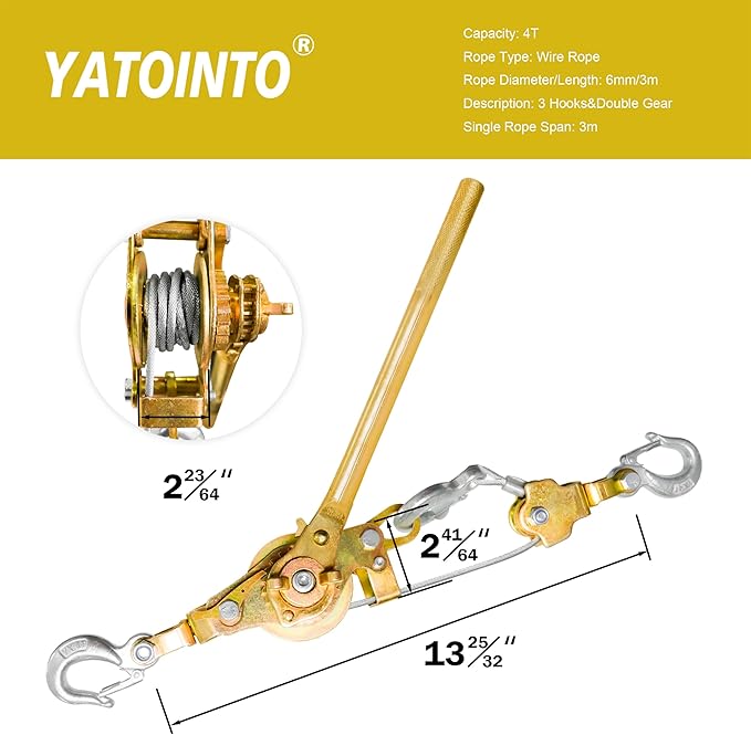 Come Along 4 Ton Cable Winch Puller Double Rope 10 Ft Heavy Duty Hand Puller 8800LB with 3 Hooks Cable Ratchet Puller W/Double Metal Gear for Lifting Pulling