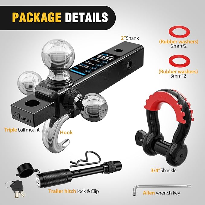 Nilight Trailer Hitch Tri-Ball Mount with Hook and Rotatable Tow Anti-Theft 3/4” Shackle Fits for 2inch Receiver Ball Size 1-7/8” 2” 2-5/16” GTW from 5000lbs to 10000lbs for RV SUV ATV Truck