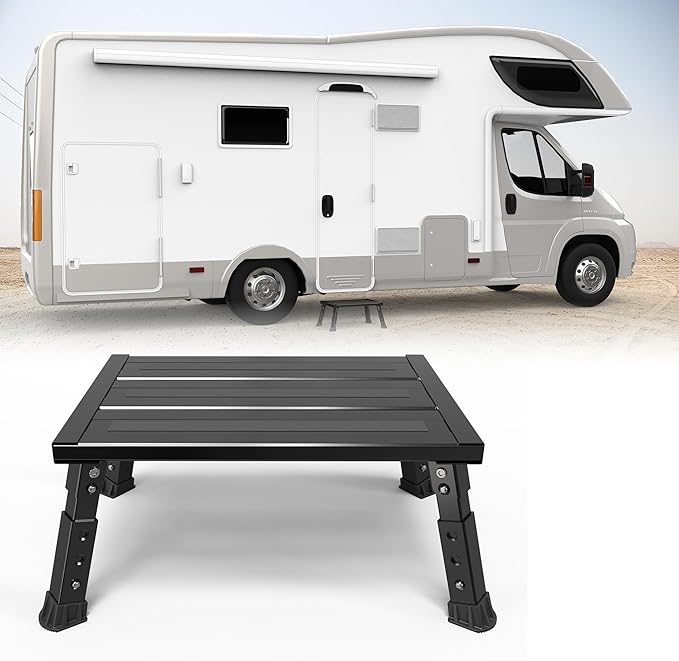 Adjustable RV Step Stool, 3-Step Height Adjustment, Foldable Legs, Wide Anti-Slip Surface,Supports Up to 1,000 lb, Premium Aluminum Construction Easy to Carry
