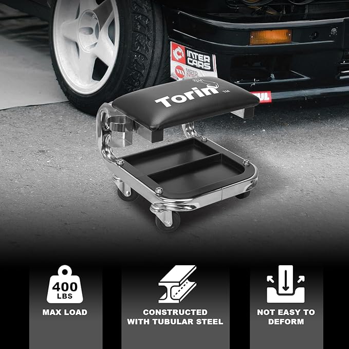 Torin 400lb Rolling Automotive Creeper Garage/Shop Seat: Padded Mechanic Stool with Tool Large Tray Suitable for garages, Repair Shops,Black