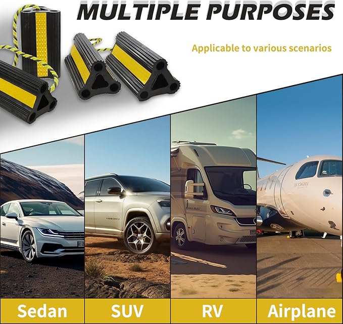 Wheel Chocks for Travel Trailers Camper RV Truck Car, Solid Rubber Sturdiness Heavy Duty Simple Easy to Use, Tires Chock Block Stopper with Nylon Rope Yellow Reflective Tape [8.2" 2pair/4pack]