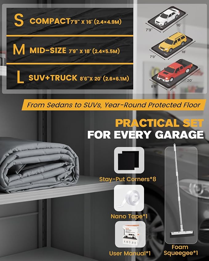 Garage Floor Mat, Containment Mats for Under Car with Raised Edge Waterproof, Non-Slip Heavy-Duty 1000D PVC for Floor Against Snow, Rain & Mud