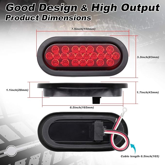 6 Inch Oval Red light 24 LED Clearance Lamps Marker Lights Brightness Plug & Grommets Stop Brake for Trailer Truck Boat Tractor 12V DC [Pack of 2]