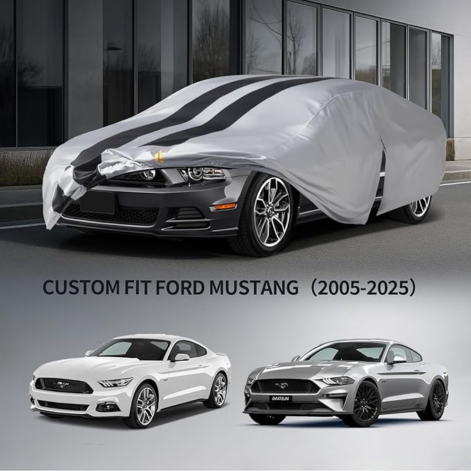 10 Layers Sedan Car Cover Custom Fit for Ford Mustang(2005-2025), 100% Waterproof All Weather for Automobiles, Gift with Towel, Heavy Duty Car Covers for Rain Sun UV Protection with Door Zipper.