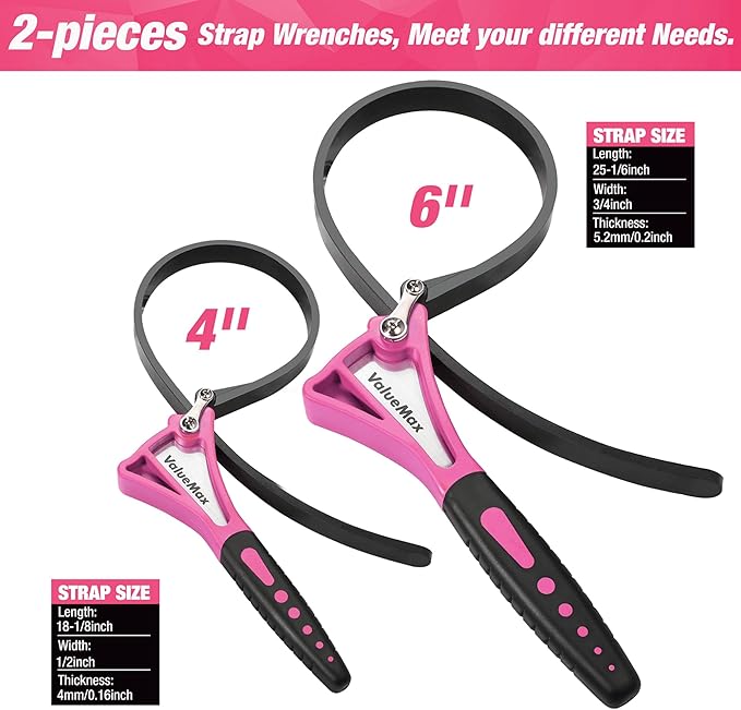 ValueMax 2-piece Strap Wrench Set, Adjustable Oil Filter Wrench with Max Diameter 4" (Small) and 6"(Large), Jar Opener, Pipe, Plumbing, Purple