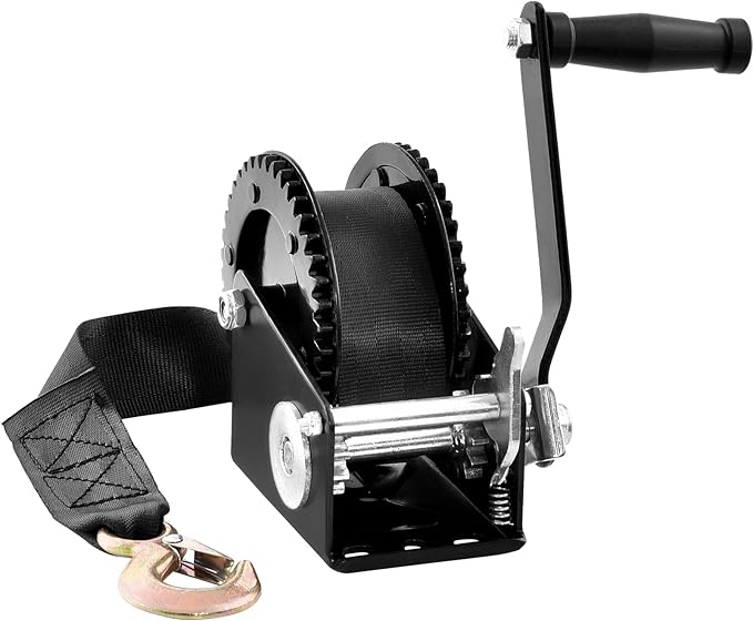 VEVOR Boat Winch, 2000 lbs Capacity Hand Boat Trailer Winch Heavy Duty Rope Crank with 23 ft Polyester Strap and Two-Way Ratchet, Manual Operated Hand Crank Winch for Trailer, Boat or ATV Towing