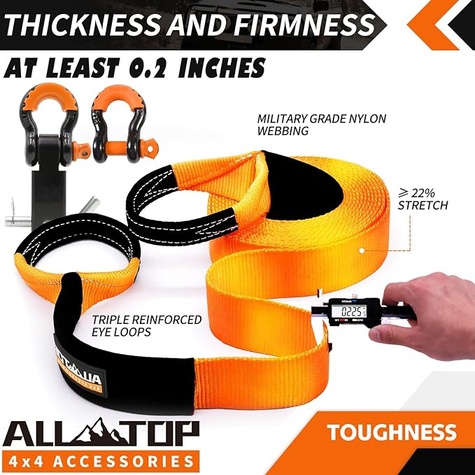 ALL-TOP Nylon Recovery Kit with Hitch Receiver: 3" x 30' (35,000lbs) 100% Nylon Snatch Strap + 2" Shackle Hitch Receiver + 3/4 HD Shackles (2pcs) with Isolator + Storage Bag