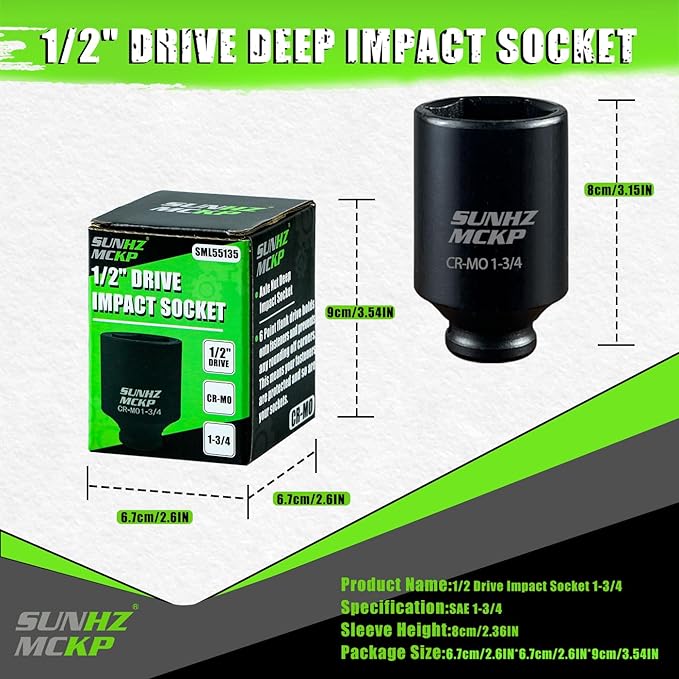 SUNHZMCKP 1/2 Inch Drive Impact Socket, SAE 1-3/4 In Deep Socket, CR-MO, 6 Point Axle Nut Socket for Easy Removal of Axle Shaft Nuts (1-3/4)