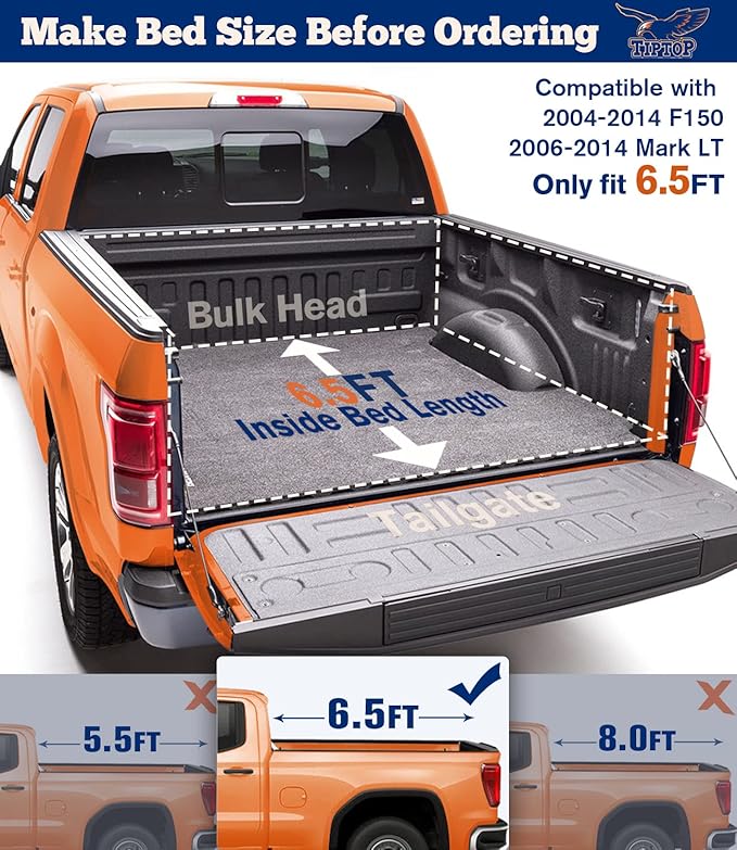 TIPTOP Soft Roll-Up Tonneau Cover Truck Bed for 2004-2014 F150 & 2006-2014 Mark LT 6.5ft Bed (78.8") | TP1 |.