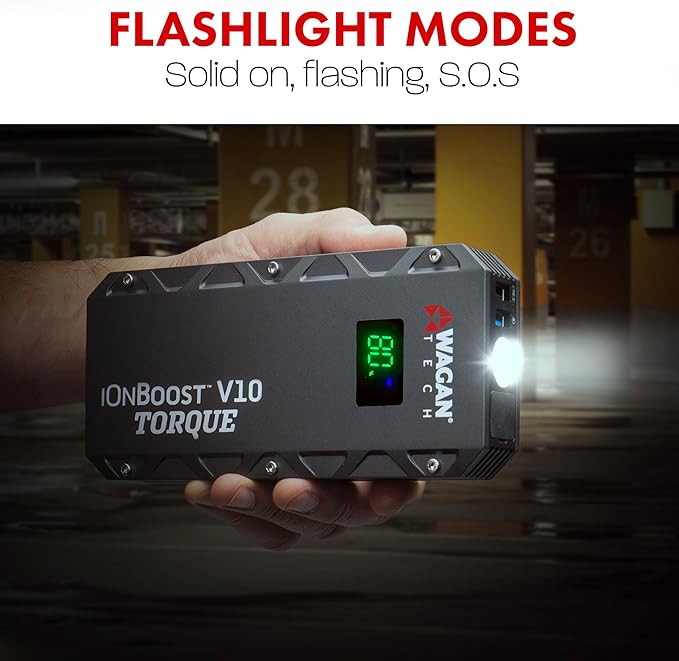 Wagan EL7507 Jump Starter iOnBoost V10 Torque 1000Amp Peak 12V Portable Lithium Car Battery Up to 7.8L V10 or 6.7L Diesel, 12V Jump Pack with Built-in LED Bright Light, UL Certified