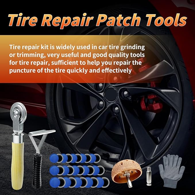 36Pcs Tire Repair Patch Tools Kit Heavy Duty, Tungsten Steel 55 mm Tire Repair Buffing Wheel with 32/42/58mm Tire Patches, Inner Liner Scraper, Tire Patch Roller for Car Motorcycle Bike Grinding