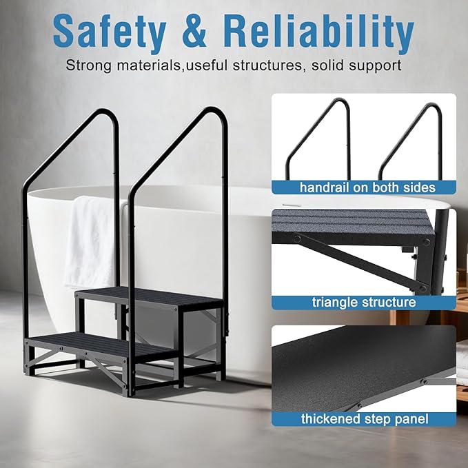 RV Steps with Handrail, 2 Steps RV Stair, Mobile Home Stairs for Camper, Trailer, hot tub, Steps with Non-Slip mat, 660lbs Capacity
