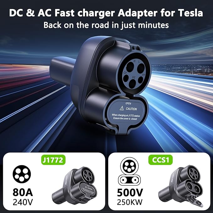 4-in-1 CCS & J1772 to Tesla Adapter, for Tesla Model 3/Y/S/X/Cybertruck at CCS1 DC Fast Chargers & J1772 Level 1/2 Stations, Compatible with All Tesla Models