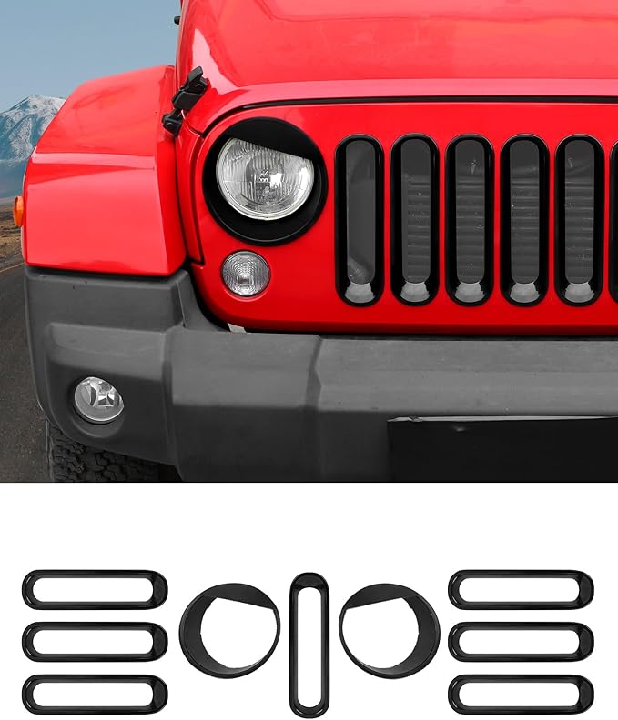 Front Grille Mesh Inserts & Angry Eye Headlight Cover for Jeep Wrangler JK Sport Freedom Rubicon Sahara Unlimited 2007-2017 Clip-in Grille Guard Headlight Bezels Trim Exterior Accessories