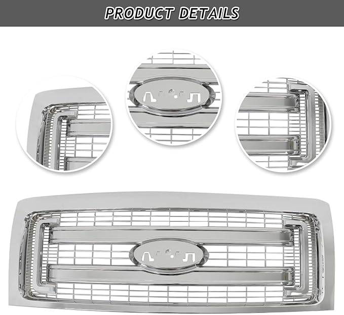 Front Bumper Grille Grill Fit For 2009-2014 Ford F150 F-150 XLT Style Front Hood Upper Grille Guard Cover Replacement For DL3Z8200DA/DL3Z8200CA (Chrome)