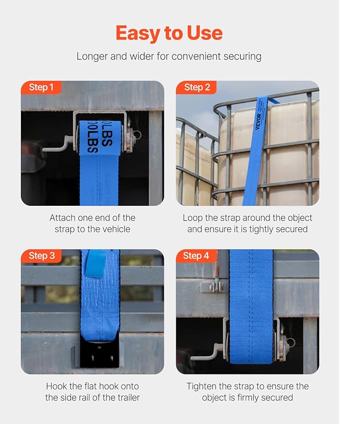 VEVOR Truck Straps, 4" x30' Heavy Duty Tie Down w/Flat Hooks 18,000lbs Break Strength, WLL# 6000lbs, Cargo Straps Tie Down for Flatbeds, Trucks, Trailers, Farms, Rescues, Tree Saver, Blue(10 Pack)