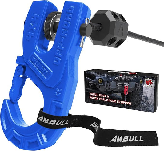 3/8" Tow Winch Hook with Cable Stopper, 10T Winch Hook, Upgrade Heavy Duty Forged Steel Winch Hook, 31967lbs Max Strength, Clevis Clip Hook Set for Synthetic Rope, Off-Road Vehicle, Blue