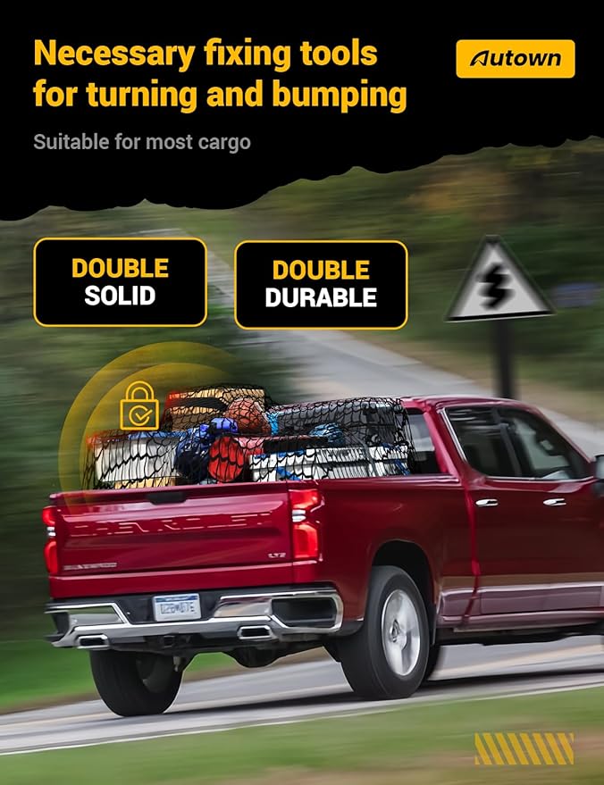 Cargo Net for Pickup Truck Bed - Stretchable 4'x4' to 7'x7', High Elastic Fine Mesh 1''x1'' with 8 Metal Carabiners - Ideal for ATV, SUV, UTV, Truck and Boat Use (Double Layer)