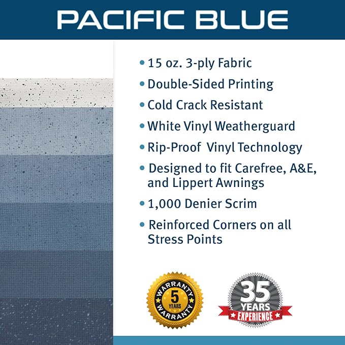 ShadePro - RV Awning Fabric Replacement - Heavy Duty Weatherproof Vinyl - Universal Outdoor Canopy for Camper, Trailer, and Motorhome Awnings - Pacific Blue - 19' (Fabric 18' 2")