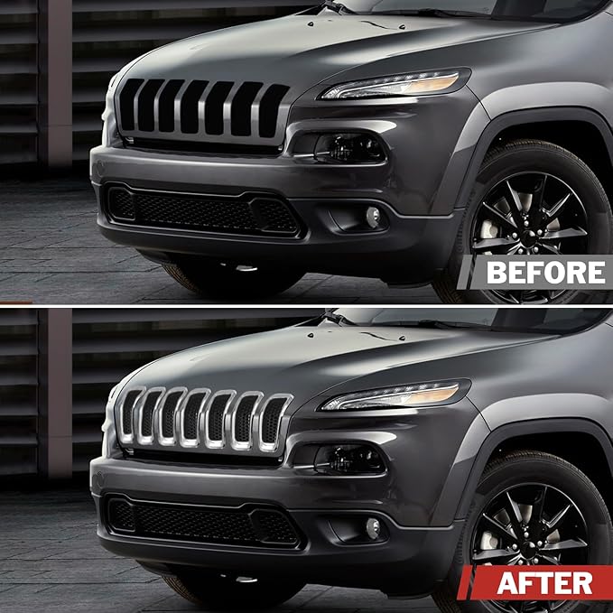 JINCHEN 7pcs Grill Mesh Inserts Fit for Jeep Cherokee 2014-2018, Honeycomb Mesh Front Grill Inserts Grille Cover Frame Trims (Chrome Trim)