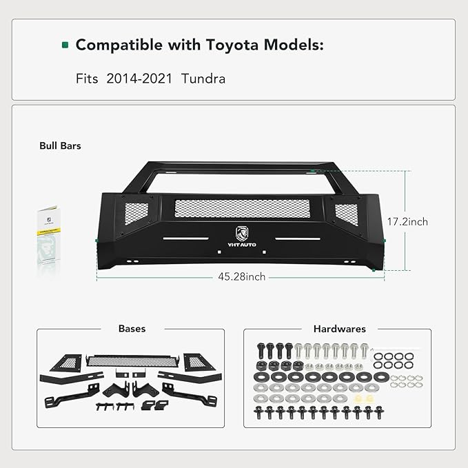 YHTAUTO Bull Bar Push Bar with Skid Plate Light Mount Fit Toyota Tundra 2014-2021, Heavy Duty Steel Brush Guard for Truck Front Bumper w/o Winch Frame Textured Black Off Road Accessories