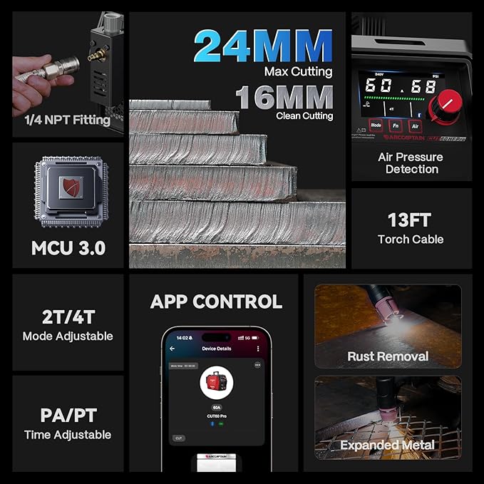 ARCCAPTAIN iControl CUT60 Pro Plasma Cutter, [APP Control] 60Amp Pilot Arc 120/240V Plasma Cutter Machine, Cuts 15/16" Max, Supports Rust Removal & Expanded Metal, LED Display, 2T/4T, PA/PT, MCU 3.0