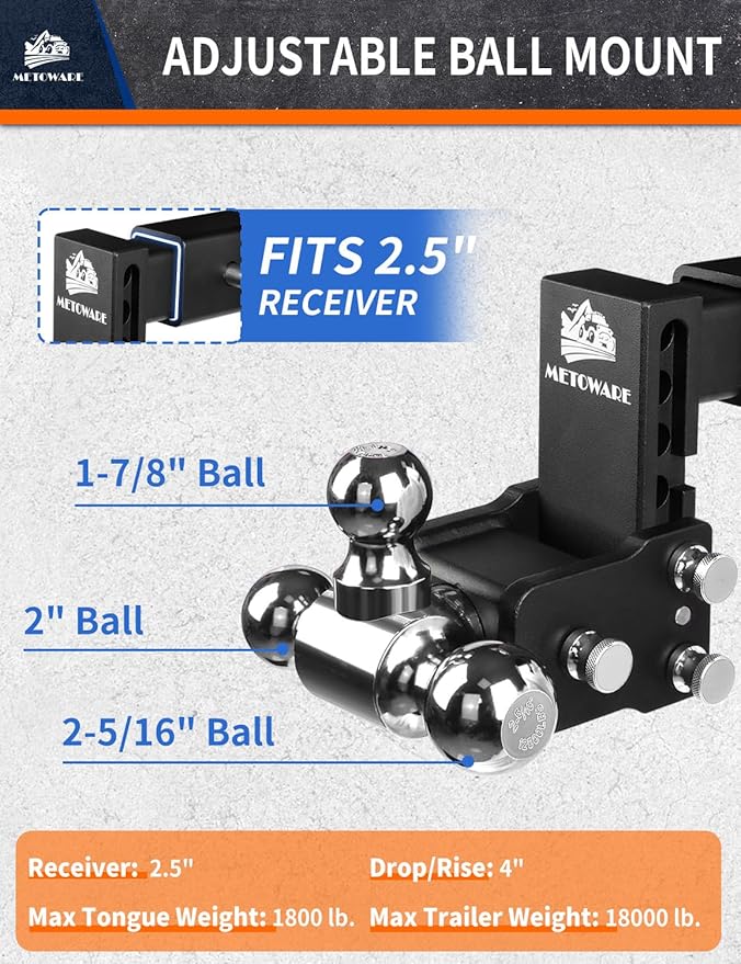 METOWARE Adjustable Trailer Hitch Ball Mount-Fits 2.5" Receiver-Heavy Duty Drop Hitch, Tri-Ball (1-7/8" x 2" x 2-5/16") 4" Drop/Rise, 18,000 GTW and Anti-Theft Stainless Steel Lock