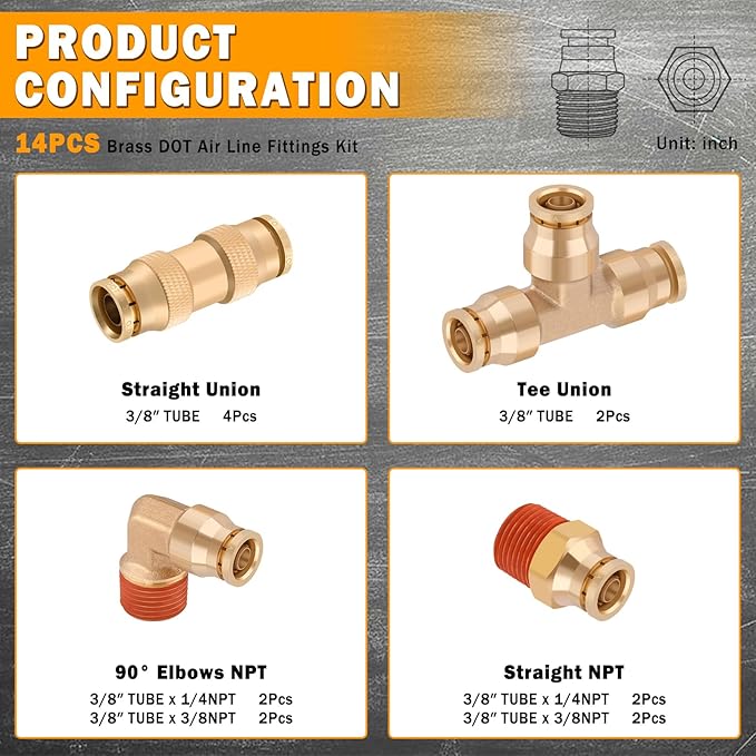 14 Pcs 3/8" Brass DOT Air Line Fittings Kit 1/4" 3/8" DOT Push Lock Air Fittings NPT Thread & Quick Connect Air Hose Fittings Kit