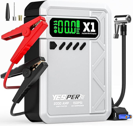 YESPER Jump Starter with Air Compressor 2000A 150PSI Battery Jumper Starter Portable(8L Gas/6L Diesel), 12V Car Jump Pack Battery Charger Jump Box with Jumper Cables, LCD Display, Lights(Grey)